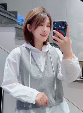 金影奇58016大码T恤衫衬衫假两件200斤女装新款连帽上衣针织衫春