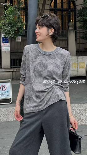 大橘子3059大码T恤衫女胖mm打底衫长袖200斤女装新款上衣小衫秋装