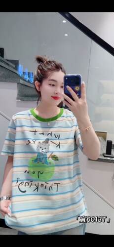 宜语析6013大码T恤衫女胖mm条纹卡通上衣200斤女装新款短袖薄款春