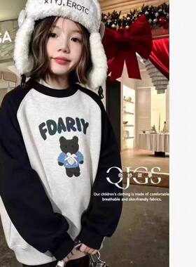 儿童上衣2026秋冬女童新品45226中大童韩版蝴蝶结小熊一体绒卫衣