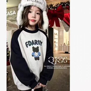 儿童上衣2026秋冬女童新品45226中大童韩版蝴蝶结小熊一体绒卫衣
