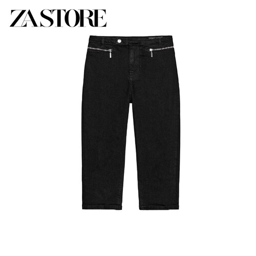 ZA 春夏新品女装法式金属纽扣拉链饰中腰休闲五分牛仔裤 6147056