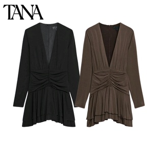 秋冬新品女装法式V领长袖短款腰部褶皱连体裤式连衣裙 2180201