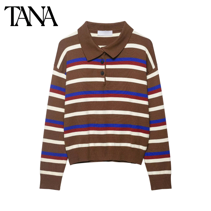 春季新品女装学院风宽松版型polo领长袖三粒扣撞色条纹针织衫,女装/女士精品,POLO衫,淘宝优惠券,粉丝福利购,淘宝优惠卷
