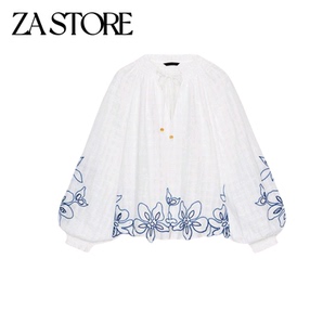 春季新品女装欧美风长袖圆V领撞色镂空式花朵刺绣衬衫 8741055