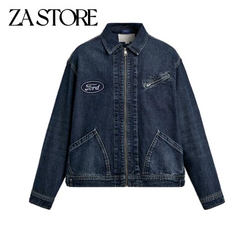 ZA 春夏新品男装方正版型翻领长袖拉链口袋牛仔夹克外套 3991408