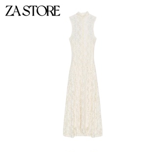 春季新品女装度假风高领无袖A字形下摆蕾丝长款连衣裙 1067152