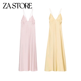 ZA 夏季新品女装度假风深V领褶皱装饰长款迷笛吊带连衣裙 2309533