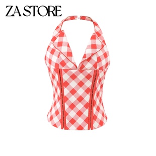 春季新品女装纯欲风挂脖领露背饰收腰显瘦短款红格子吊带上衣
