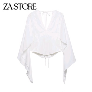 披肩式 极简风蝴蝶结系带饰深V领长袖 紧身收腰上衣 女装 春夏新品