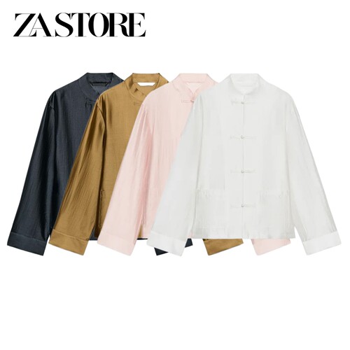 ZA 夏季新品女装新中式休闲长袖圆领直筒下摆绳结扣衬衫 4786166