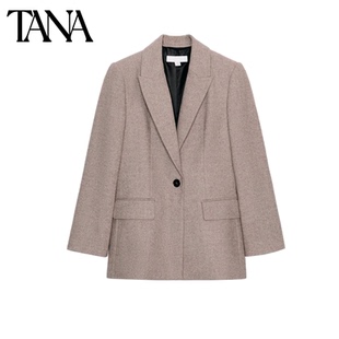 冬季新品女装翻领长袖一粒扣饰带肩垫人字纹西装外套 3046388