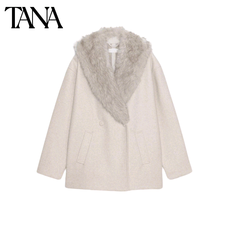 冬季新品女装法式直筒下摆人造皮草效果领口大衣外套 4344644