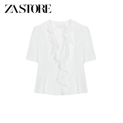 ZA 夏季新品女装V领短袖带垫肩叠层装饰A字下摆西装外套 2911353