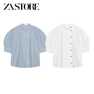 ZA 夏季新品女装法式中山领泡泡短袖纽扣饰直筒下摆衬衫 6109891