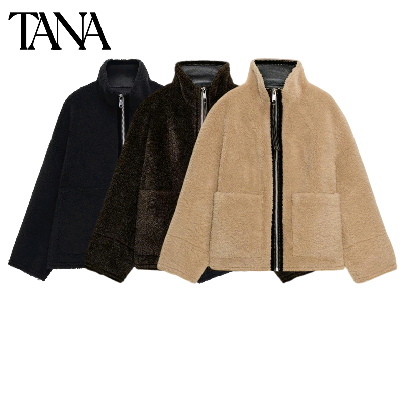 冬季新品女装法式金属拉链高领长袖双面仿羊羔绒外套 3548242