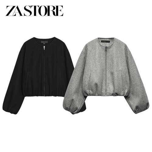ZA 秋季新品女装圆领长袖弹力饰层拉链式飞行员夹克外套 3046264