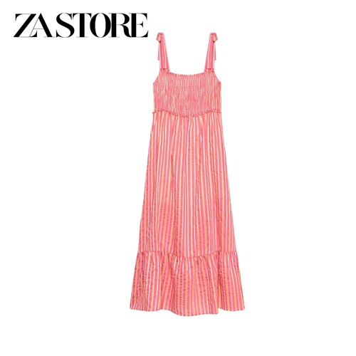 ZA 秋季新品女装休闲风直领蜂巢褶饰条纹迷笛吊带连衣裙 7501543