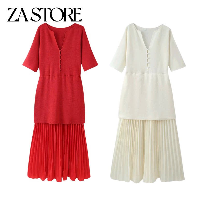 ZA 夏季新品女装休闲风圆V领连衣裙