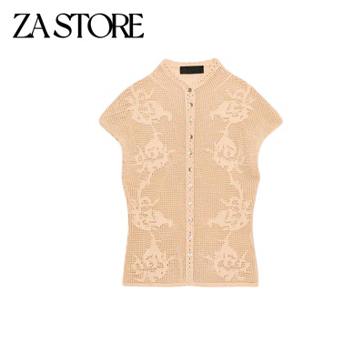 2026夏季新款女装薄针织开衫无袖单排扣镂空针织上衣背心 2893030