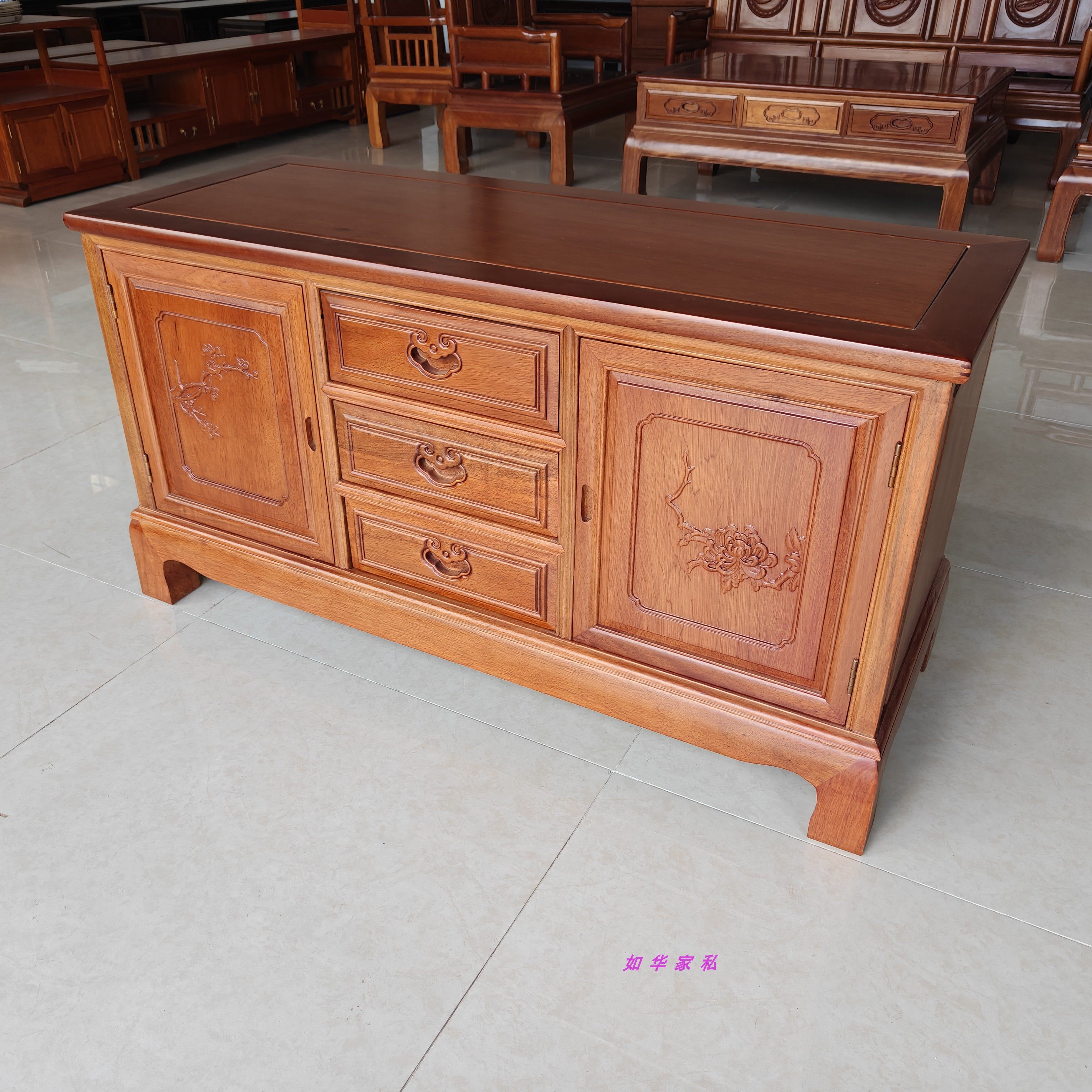 红木实木电视柜进口菠萝格木加高全纯木地柜1米3新高端雕花客厅柜