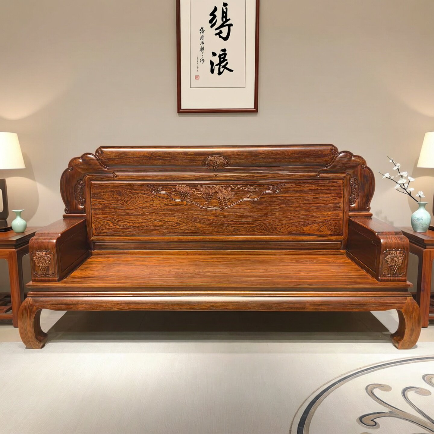 高端红木菠萝格全实木三人沙发