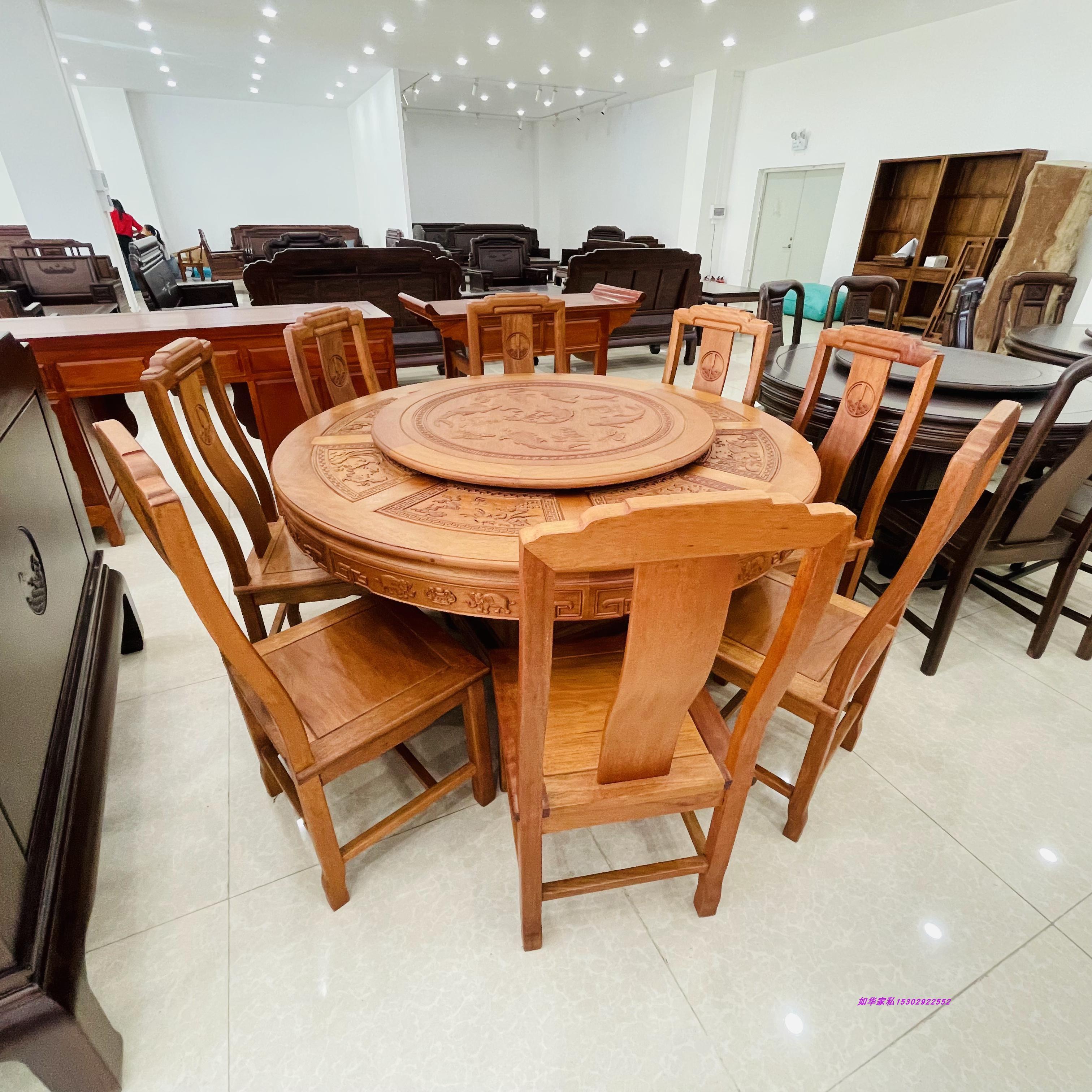 中式仿古带转盘橡木大圆餐桌