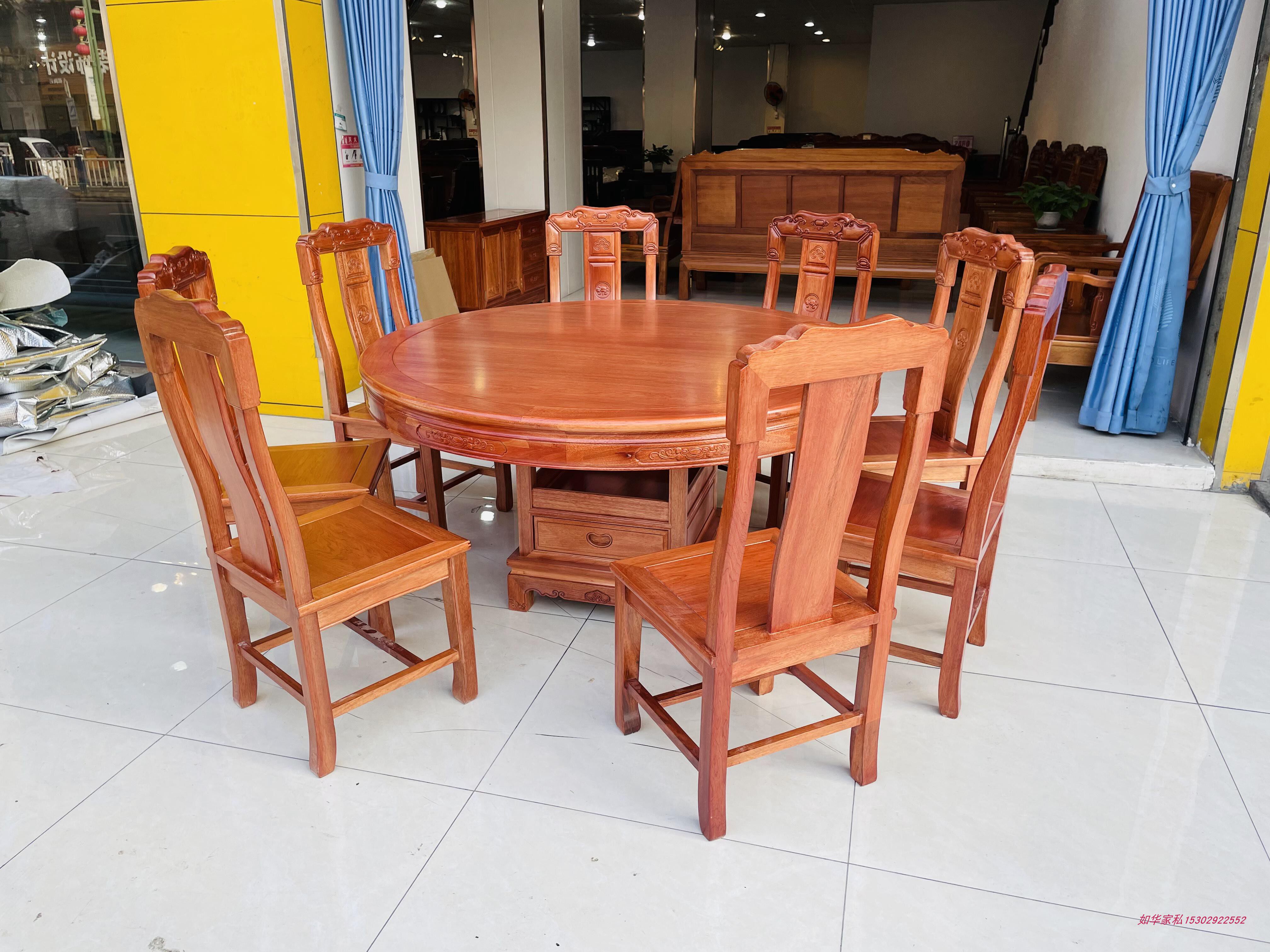 红木菠萝格吃饭桌全实木餐桌台花梨木新中式客厅饭桌椅1米5圆形台