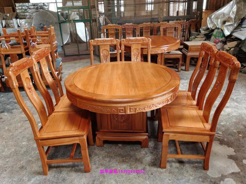 进口红木圆形餐桌菠萝格饭台金花梨雕花饭桌配6椅新款实木