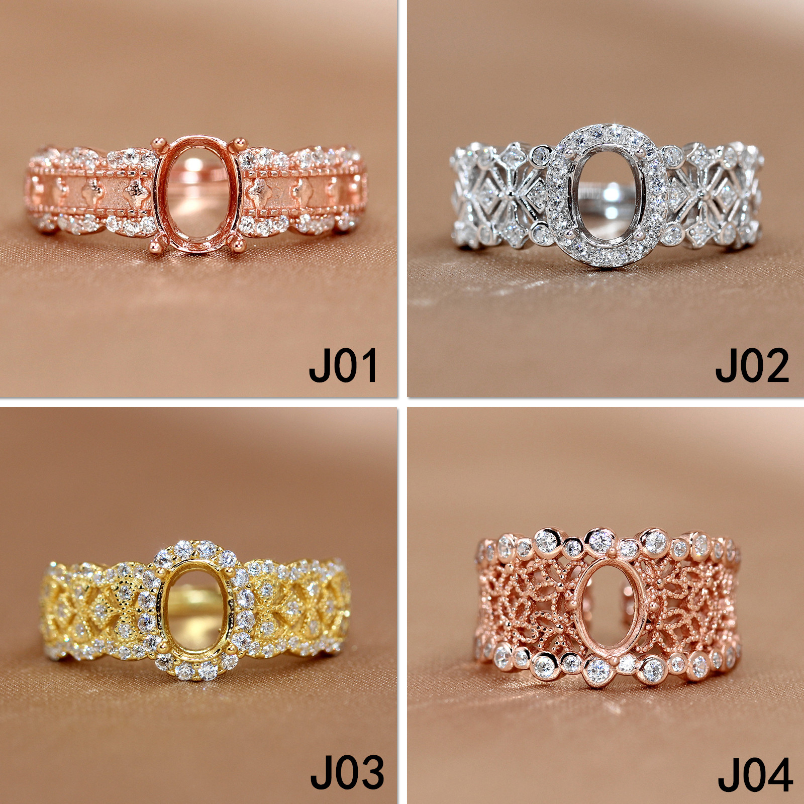 精工S925纯银复古镶钻戒指女椭圆宝石戒托指环轻奢小众设计感5*7