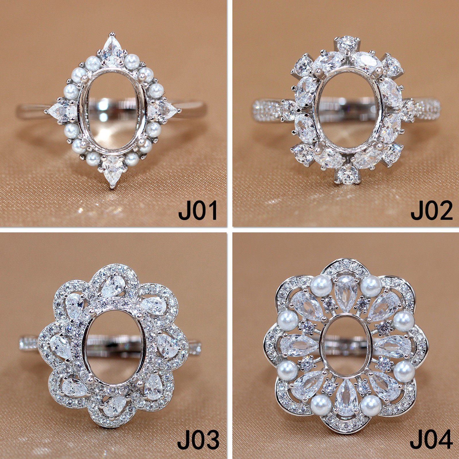 精工S925纯银戒指空托花朵女椭圆宝石镶嵌银色轻奢花型指环7*9