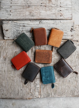 手工简约男士短款真皮钱包竖款潮钱夹疯马皮钱包皮夹