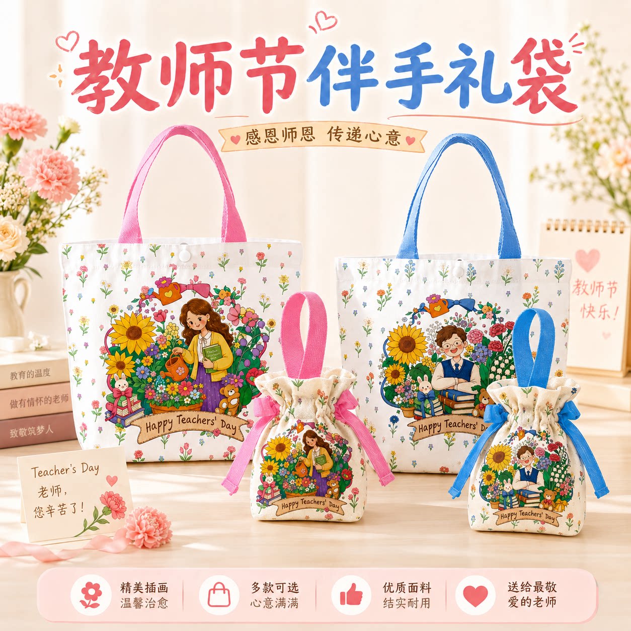 教师节礼物伴手礼袋送男女老师手提袋卡通印花礼品袋实用包装袋子