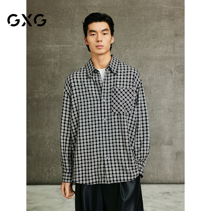 GXG男装 商场同款黑白格基础宽松翻领长袖衬衫25春新品G25X031002
