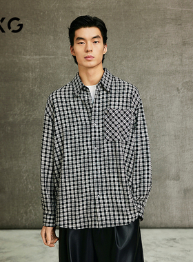 GXG男装2025春季新品黑白格基础宽松时尚翻领长袖衬衫G25X031002