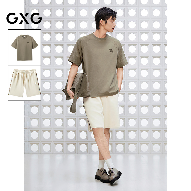 GXG男装 25年夏季新品肌理拼接圆领短袖T恤提花肌理短裤通勤套装