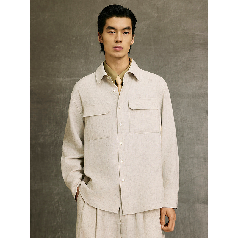 GXG男装 米色经典基础顺滑休闲长袖衬衫25年春季新品G25X031028
