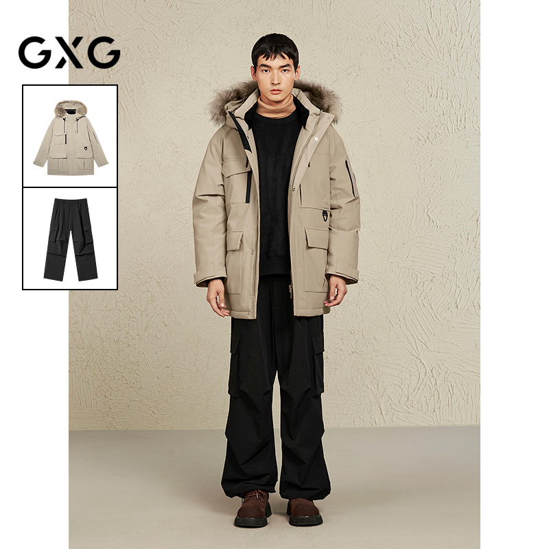 GXG男装 24年冬季新品工装风连帽长款羽绒服黑色宽松长裤通勤套装
