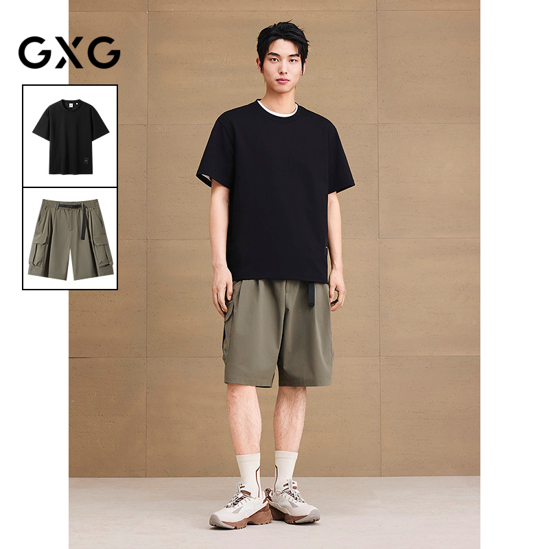 GXG男装 25年夏季新品简约设计圆领T恤凉感工装直筒短裤通勤套装