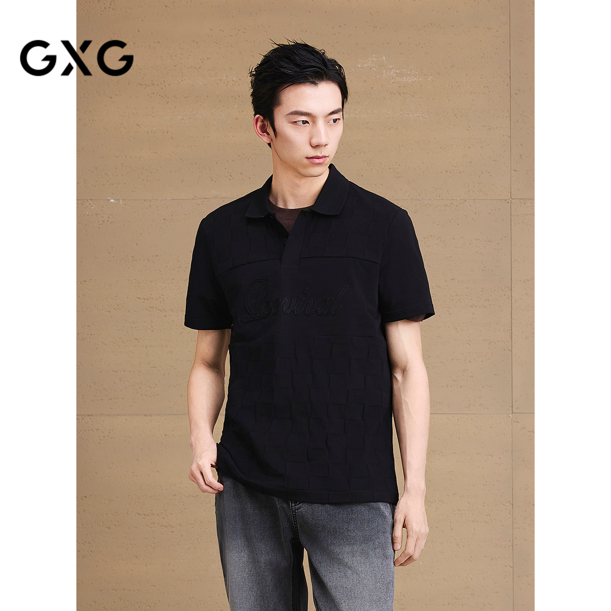 GXG男装 肌理棋盘格纹理polo衫男士上衣翻领短袖上衣 25夏新品