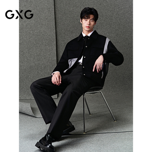 GXG男装 经典羊毛撞色格纹拼接短大衣夹克外套 25年冬季新品