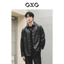 GXG男装 黑色pu皮衣暗纹满印翻领夹克外穿式衬衫外套男 秋冬热卖