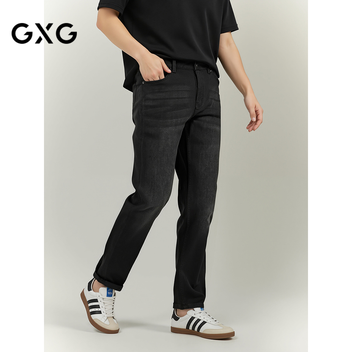 GXG男装 黑色修身牛仔裤弹力休闲裤通勤男小脚长裤 2025秋季热卖