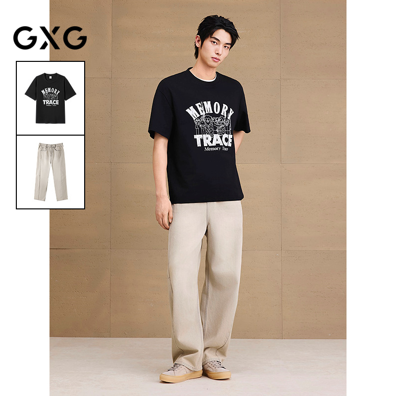 GXG男装 25年夏季新品图案印花休闲T恤锥形弯刀牛仔长裤通勤套装