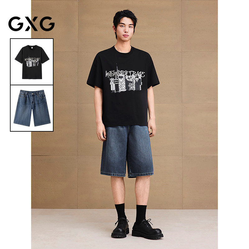 GXG男装 25年夏季新品图案印花休闲T水洗阔腿牛仔短裤通勤套装