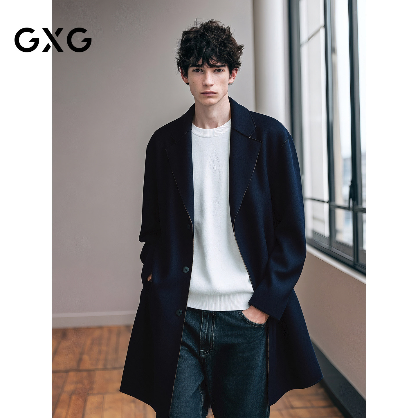 GXG男装 微廓藏青色单排扣柴斯特商务羊毛长款大衣 25年冬季