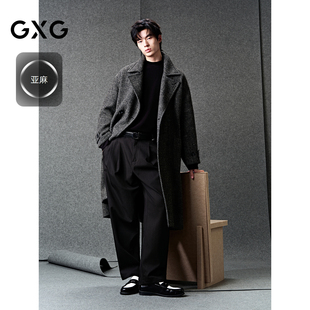 GXG男装 定织亚麻羊毛混纺双排扣经典柴斯特长款大衣25年冬季新品