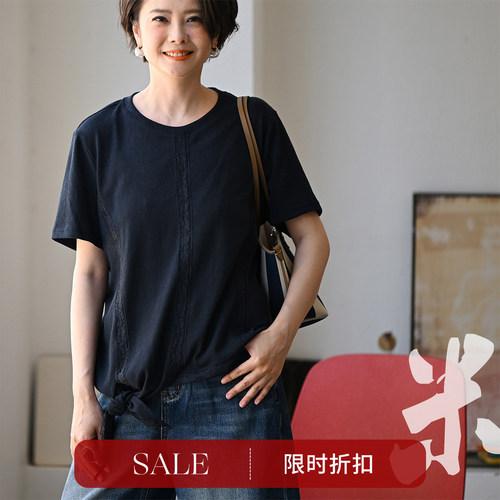 系带薄款蕾丝拼接圆领短袖T恤