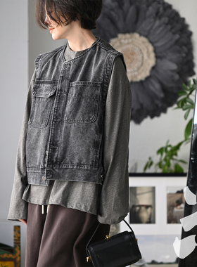 包邮V67850 文艺复古做旧不对称兜直筒显瘦牛仔马甲女2026春