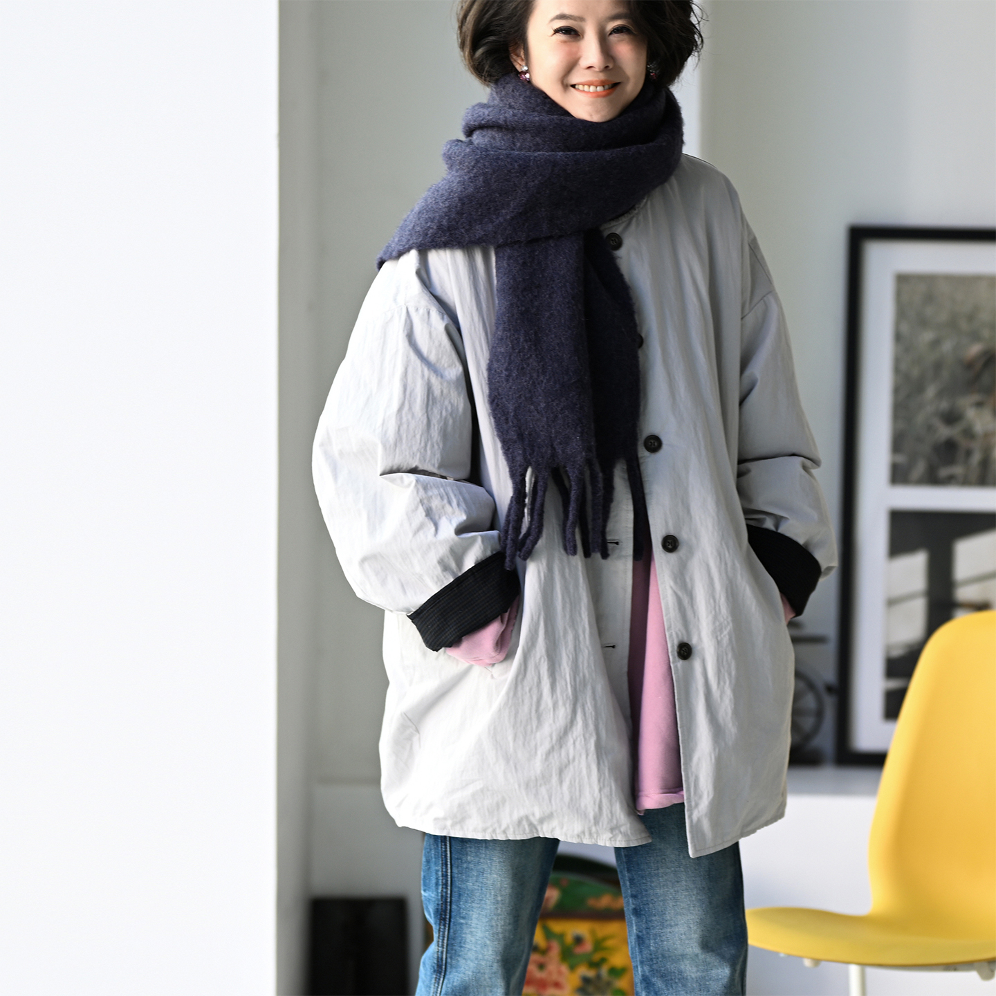 中长款宽松圆领两面穿棉服